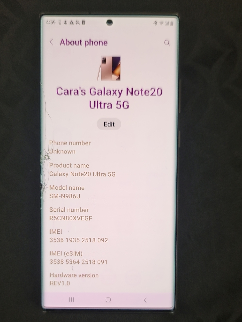 Samsung Galaxy Note20 Ultra 5G - Silver/White Front Display